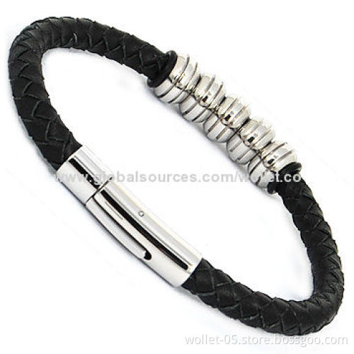 Strand Braided Leather Bracelet with Hematite Stone, ODM and OEM Designs Accepted